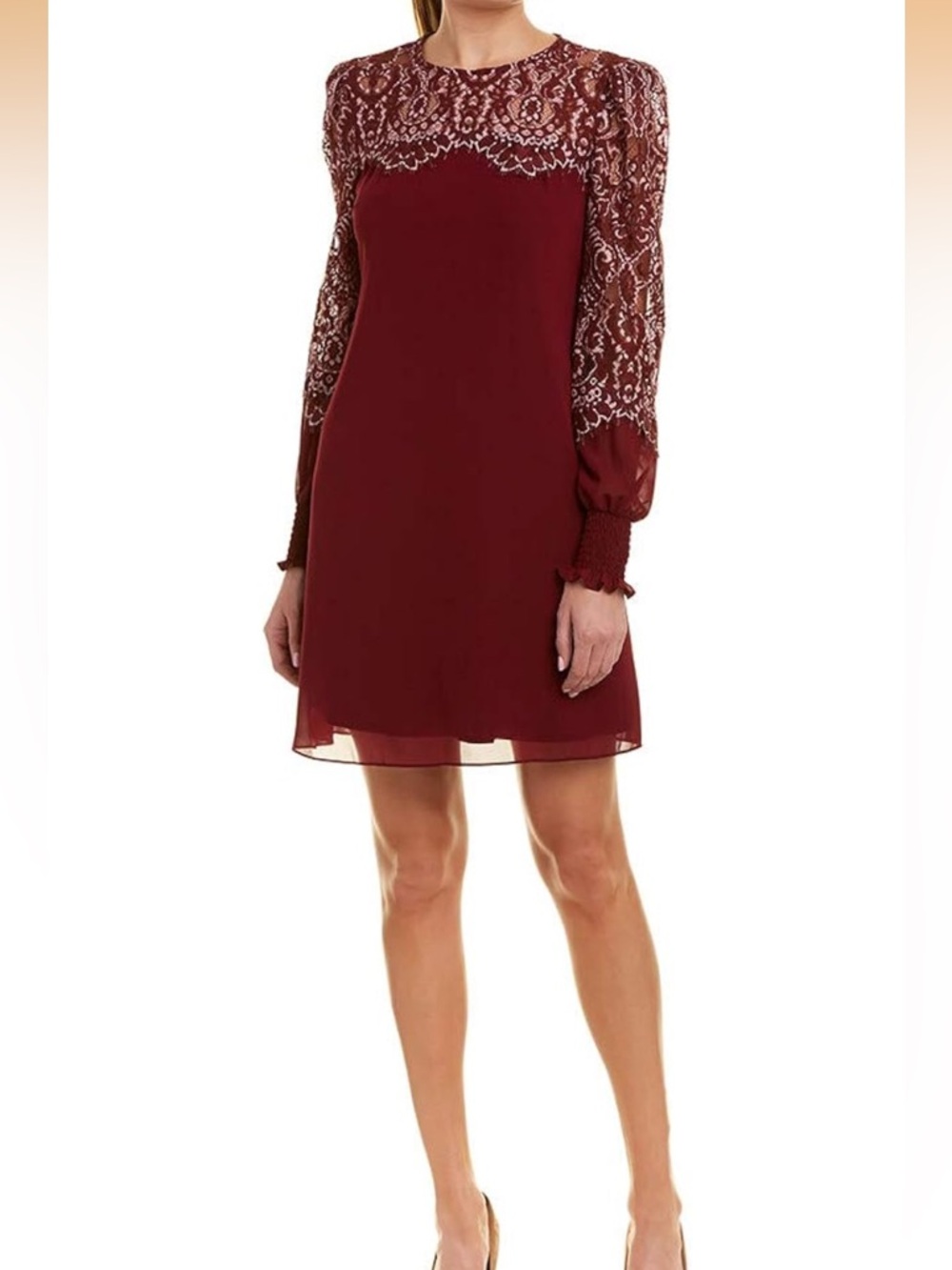 Avec Les Filles Womens Shift Dress with Lace Sleeves and Yoke